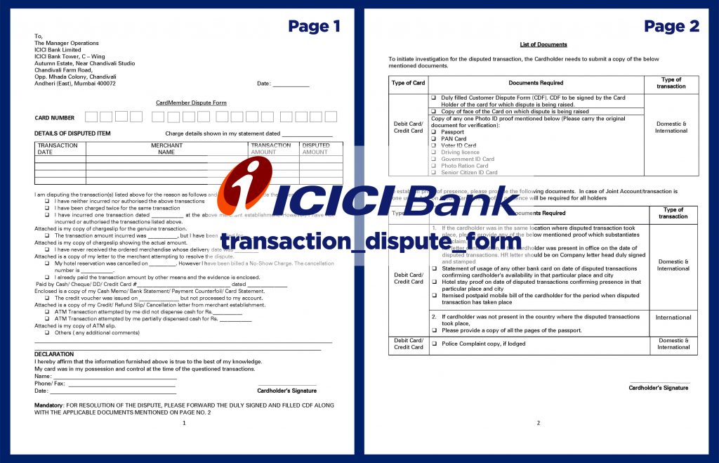 transaction dispute form ICICI Bank